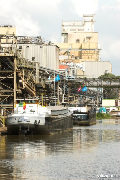 Industrie en vrachtschepen langs de Dender