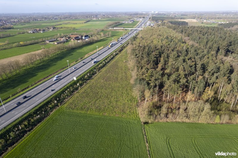 luchtfoto van het Provinciaal natuurdomein Hospicebossen langs de snelweg E17