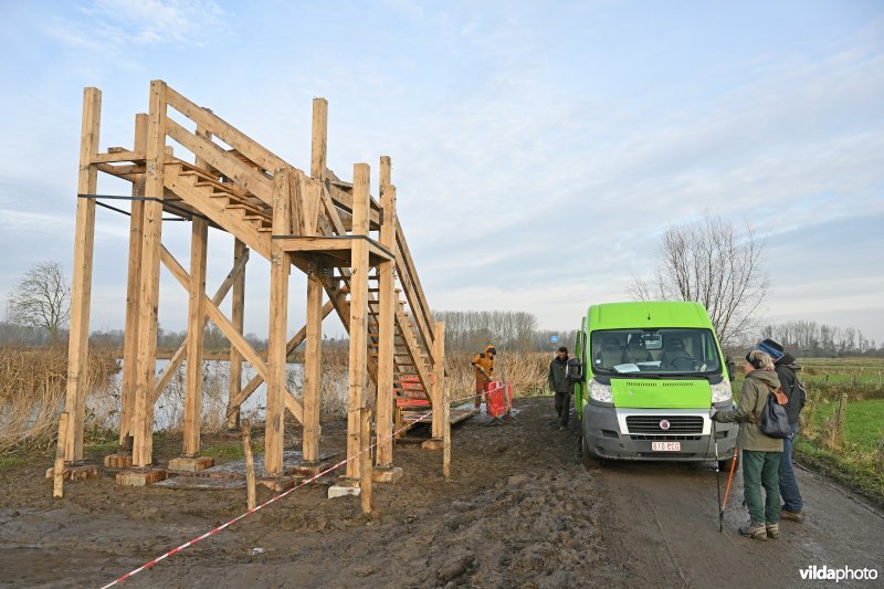 Bouw van uitkijktoren Kalkense Meersen