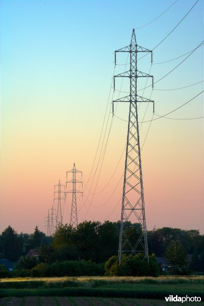 Hoogspanningslijn bij zonsondergang